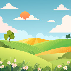 Obraz premium abstract Summer Hilly Landscape With Meadows Plants, Blue Sky And Clouds, vector illustration