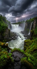 Obraz premium A majestic waterfall cascades into a river, flanked by verdant cliffs. Storm clouds loom overhead with dramatic lightning strikes