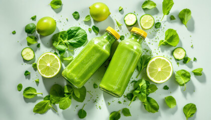 Refreshing Green Smoothie Bottles Surrounded by Fresh Ingredients