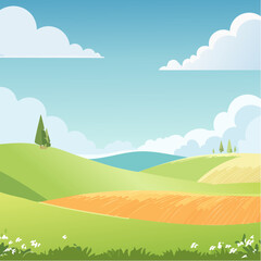 Obraz premium abstract Summer Hilly Landscape With Meadows Plants, Blue Sky And Clouds, vector illustration