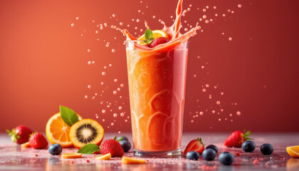 Refreshing Juice Splash with Fresh Fruits on a Vibrant Background