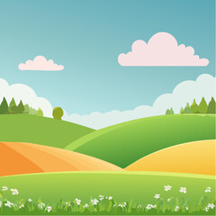 Obraz premium abstract Summer Hilly Landscape With Meadows Plants, Blue Sky And Clouds, vector illustration