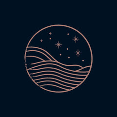Elegant Minimalist Line Art Illustration: Night Sky with Stars and Ocean Waves in a Circle. Abstract Nature Design.
