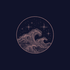 Stylized ocean waves and starry night sky in a circular graphic illustration. Vintage aesthetic marine and cosmic design.