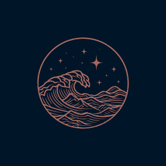 Vintage style ocean wave illustration at night with stars in a circular frame. Minimalist line art marine nature design.