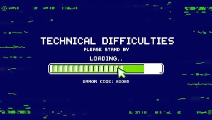 Obraz premium Retro computer screen displaying a system error with a technical difficulties message and a loading bar on a blue glitch background