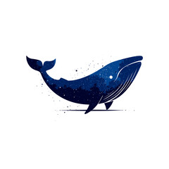 Majestic blue whale illustration with a galaxy starry night sky texture, abstract watercolor marine mammal design, ocean life
