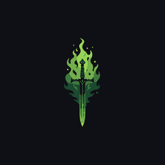 Mystical Green Flaming Sword Illustration, Fantasy Weapon with Magical Glow on Dark Background. Digital Graphic Concept Art.