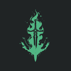 Stylized Fantasy Sword Engulfed in Vibrant Green Fire. Mythical Weapon Digital Art Illustration.