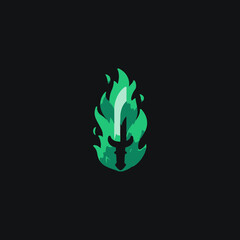 Dynamic green flaming sword icon, powerful fantasy weapon graphic. Mystical fire and blade symbol on dark background.