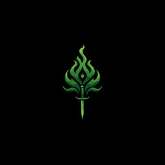 Abstract green leaf flame with a hidden dagger design, magical fantasy emblem on black. Nature-inspired mystic symbol.
