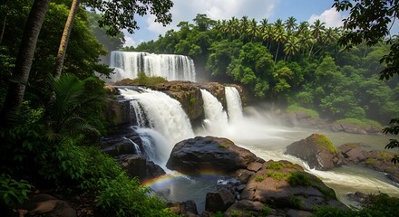 A majestic waterfall cascading over layered rocks, framed by lush green forest and a vibrant rainbow at the base