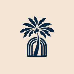 Stylized tropical palm tree icon with a decorative arch. Minimalist flat graphic illustration for summer, vacation, and relaxation.