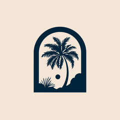 Boho chic tropical palm tree and sun silhouette within an arch window frame. Minimalist vector illustration for summer and vacation.