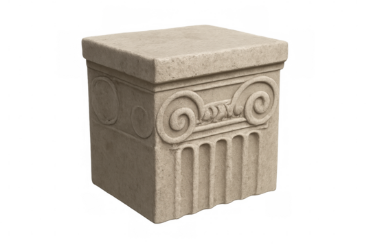 Stone pedestal featuring carved ionic scroll volutes and fluting, creating a classic architectural element, transparent background