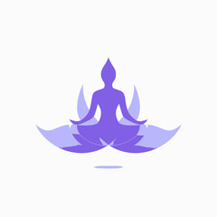 Zen meditation icon: Stylized purple silhouette of a person in lotus pose, symbolizing mindfulness, spiritual peace, and yoga wellness.