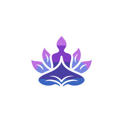 Yoga meditation lotus flower icon. Spiritual wellness and mindfulness graphic with person in meditating pose, purple gradient vector illustration.