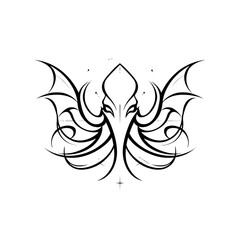Mysterious stylized octopus creature with bat wings, fantasy horror illustration in black and white, tribal design art.