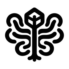 Abstract geometric organic tree icon with flowing root-like branches and crystalline top, symbolizing nature, growth, wisdom, and interconnected systems.