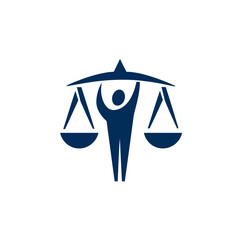Graphic icon of person holding scales of justice. Symbolizing law, equality, balance, fairness, legal services, and human rights concept.