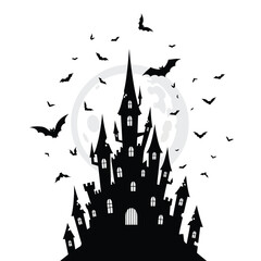 Fototapeta premium Dark silhouette of a castle with many bats flying, isolated on white background