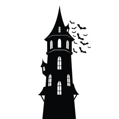 Obraz premium Silhouette of a tall haunted tower with bats flying on white background