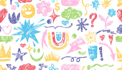 Seamless naive playful abstract doodle sticker pack with groovy colorful shapes, funny faces, hearts, cloud, suns, crowns, arrows, stars. Seamless pattern crayon drawn funky elements in childish style