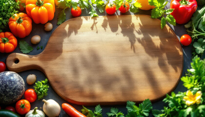 Vibrant Arrangement of Fresh Vegetables and Empty Cutting Board
