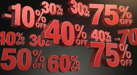 A dynamic 3D graphic showcasing a variety of red discount percentages, perfect for retail promotions and advertising campaigns