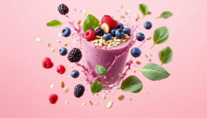 Vibrant Smoothie with Berries and Oats Surrounded by Fresh Ingredients