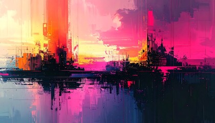 An abstract cityscape at dawn, rendered with vibrant, layered strokes of pink, orange, and dark hues, suggestive of high-rise buildings