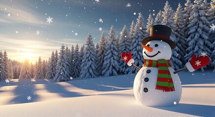 Obraz premium A jolly snowman with a top hat, mittens, and scarf welcomes viewers with open arms in a snowy winter landscape. Sunlight filters through the trees