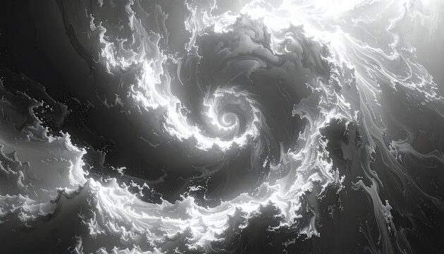 Abstract grayscale swirl of clouds or smoke with a central point of bright light, creating a dynamic and ethereal composition