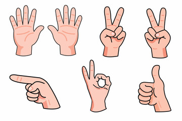 A set of stickers featuring a hand demonstrating various gestures waving, showing a thumbs up, showing peace, showing a heart, showing an open palm, clenching a fist, pointing a finger