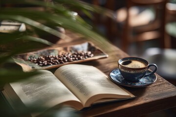 Cozy coffee break with open book and fresh coffee beans on wooden table