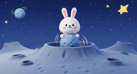 Cosmic Bunny Adventure Bouncing on Moon Crater