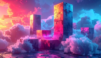 An abstract cityscape composed of geometric structures bathed in vibrant hues of pink, blue, and orange. The clouds obscure the ground