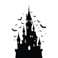 Fototapeta premium Silhouette of a gothic castle with many bats flying around it