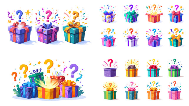 Bright colorful surprise gift box illustrations with confetti and question marks. Perfect for celebration designs, mystery box promotions, reward programs, and festive advertising visuals.