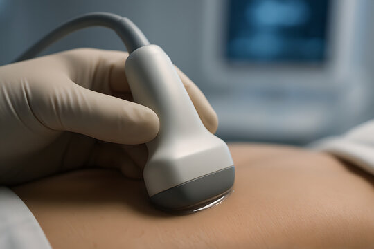Photorealistic close-up of FibroScan exam, probe tip contacting right intercostal space with a thin sheen of ultrasound gel, operator&rsquo;s gloved fingers stabilizing transducer