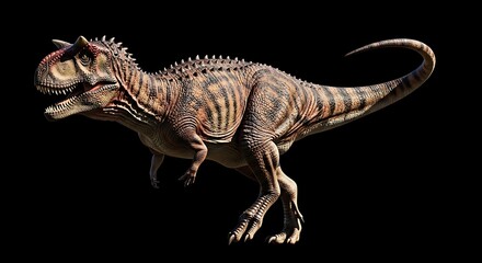 A large, carnivorous dinosaur, with horns above its eyes, stands against a black background. Its striped hide is detailed and rendered