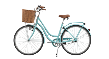 Retro light blue cruiser bicycle with a woven basket on the front handlebars isolated on transparent background