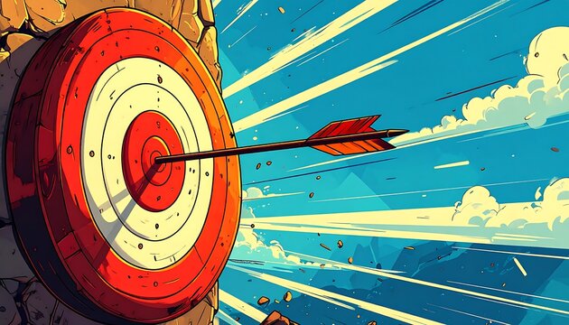 An arrow piercing a bullseye target, set against a vibrant blue sky with streaking rays of light. The target is mounted to rock