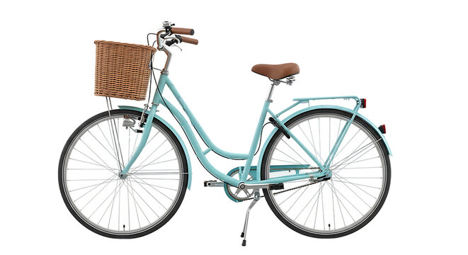 Retro light blue cruiser bicycle with a woven basket on the front handlebars isolated on transparent background