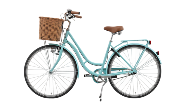 Retro light blue cruiser bicycle with a woven basket on the front handlebars isolated on transparent background