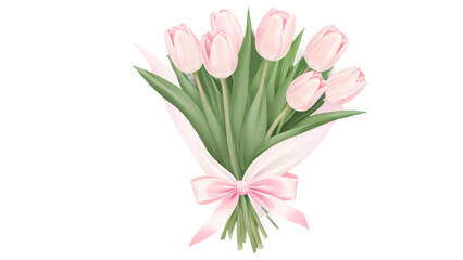 Realistic pastel tulip bouquet tied with soft pink ribbon, isolated transparent PNG background