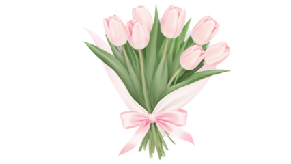 Realistic pastel tulip bouquet tied with soft pink ribbon, isolated transparent PNG background
