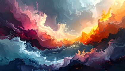 An abstract painting presents a celestial scene of swirling colors. Deep blues and purples blend with fiery oranges and reds, creating a dynamic, ethereal atmosphere