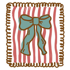 Hand-drawn green bow illustration on pink wavy stripe background with curly frame. perfect for gift wrapping, holiday cards, feminine designs, and cozy aesthetic decorations.