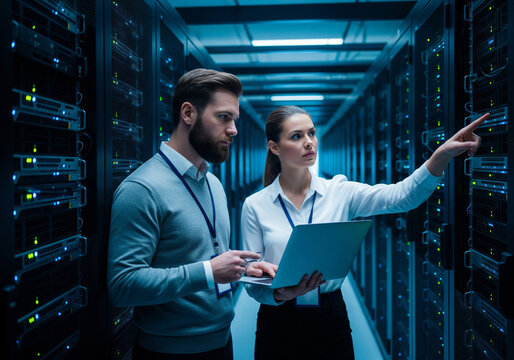 IT professionals collaborating in a modern data center server room with glowing blue lights.